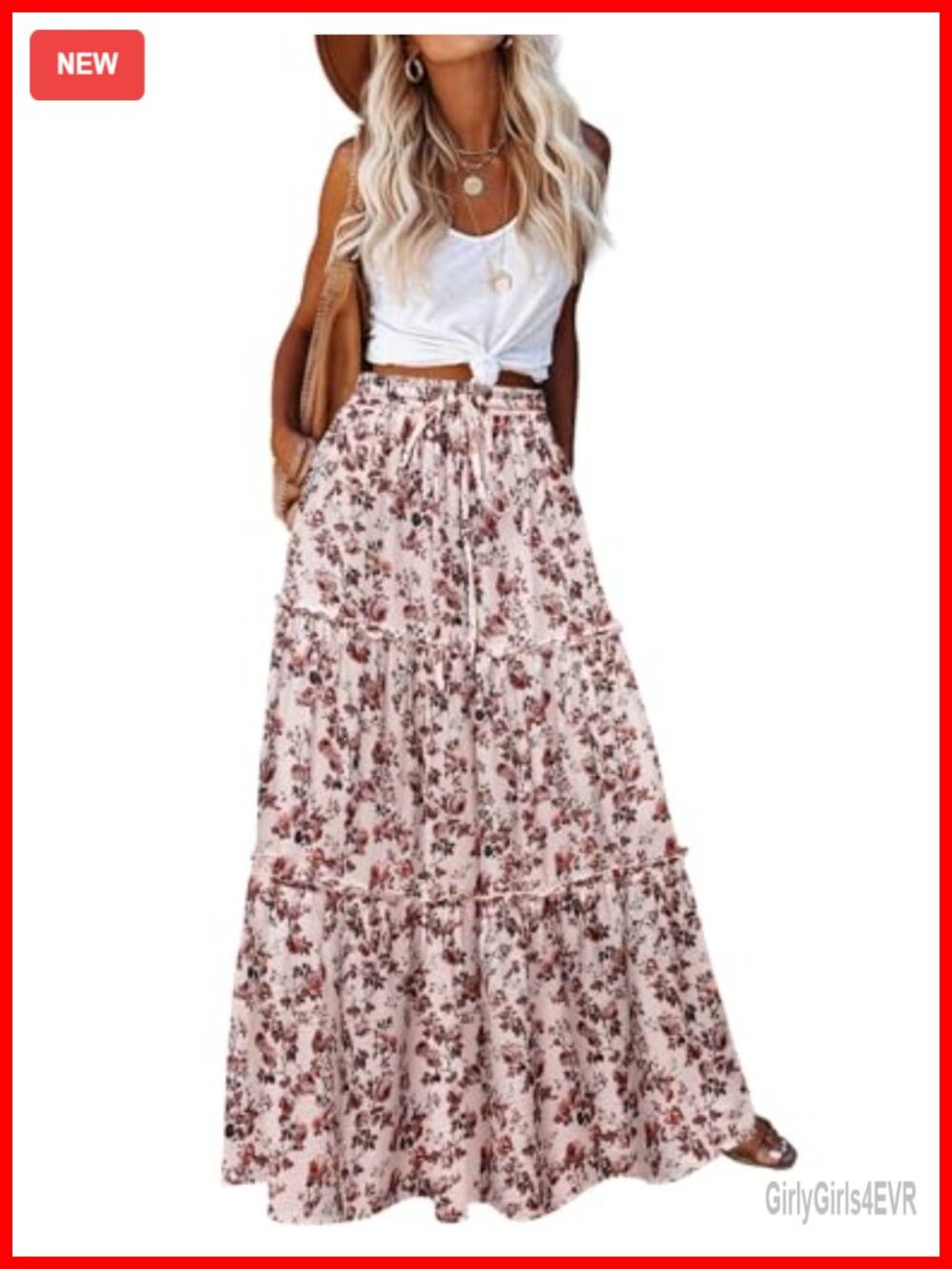 Women's High Waist Boho Maxi Skirt Floral Print Flowy Long A-Line
